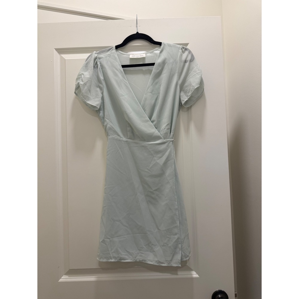 American Threads Mint Green Short Puff Sleeve Wrap Mini Dress Small